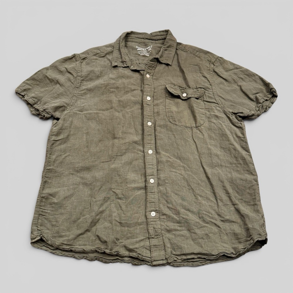 Linen Blend Short Sleeve Button-Up Shirt Olive Green Sustainable Workwear Men XL